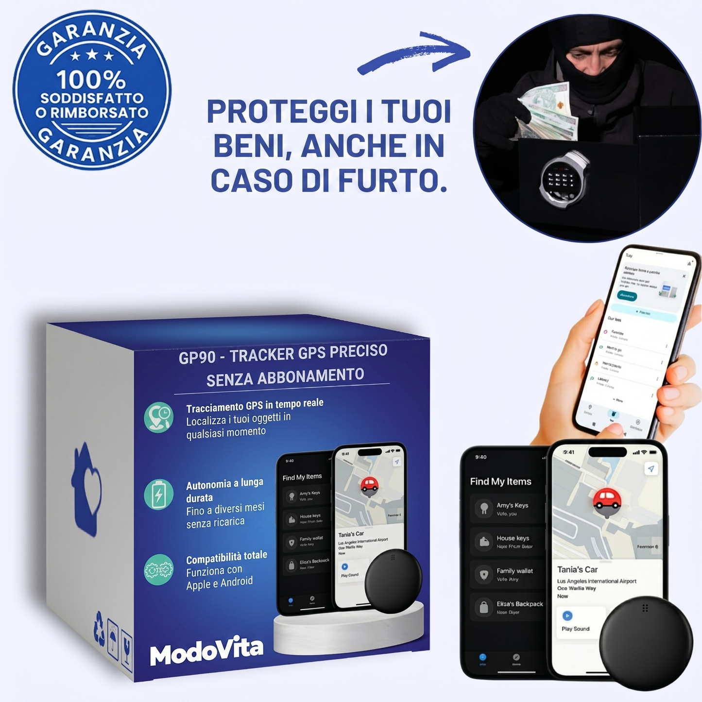 GP90 - Tracker GPS preciso senza abbonamento (Android/Apple)