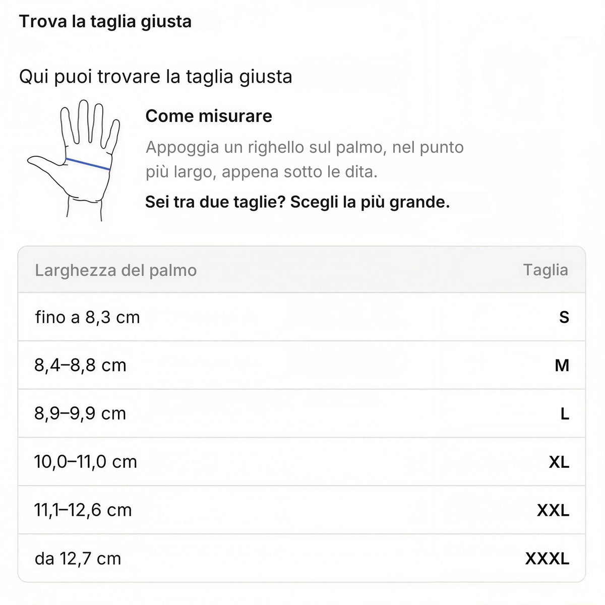 Tabella taglie guanti termici