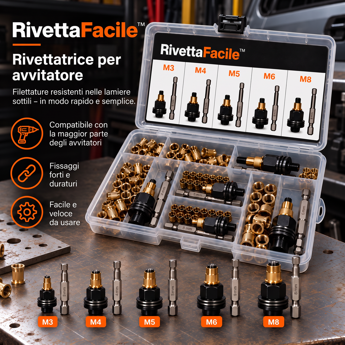 RivettaFacile™ – Kit Rivetti Filettati per Avvitatore